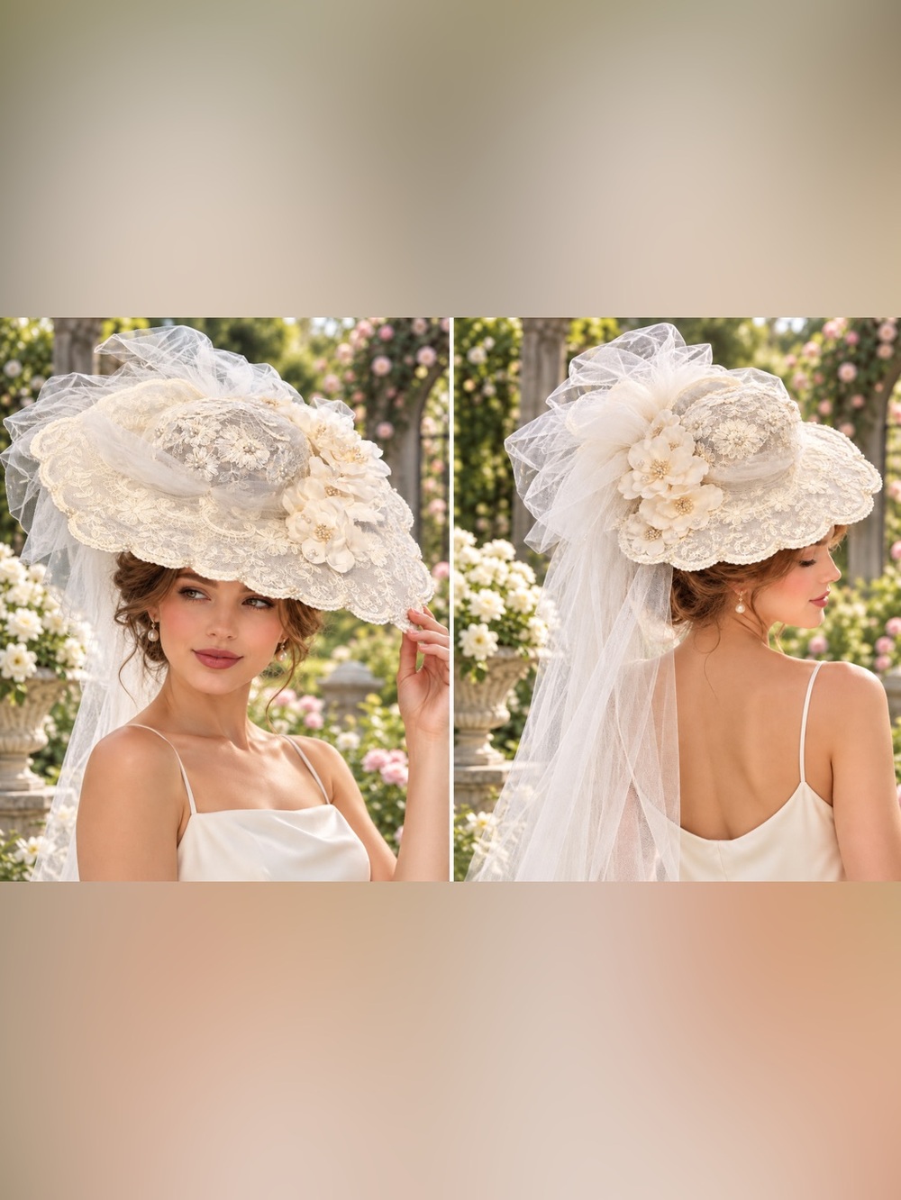 Vintage White Straw Boater Hat Floral Pearl Accent